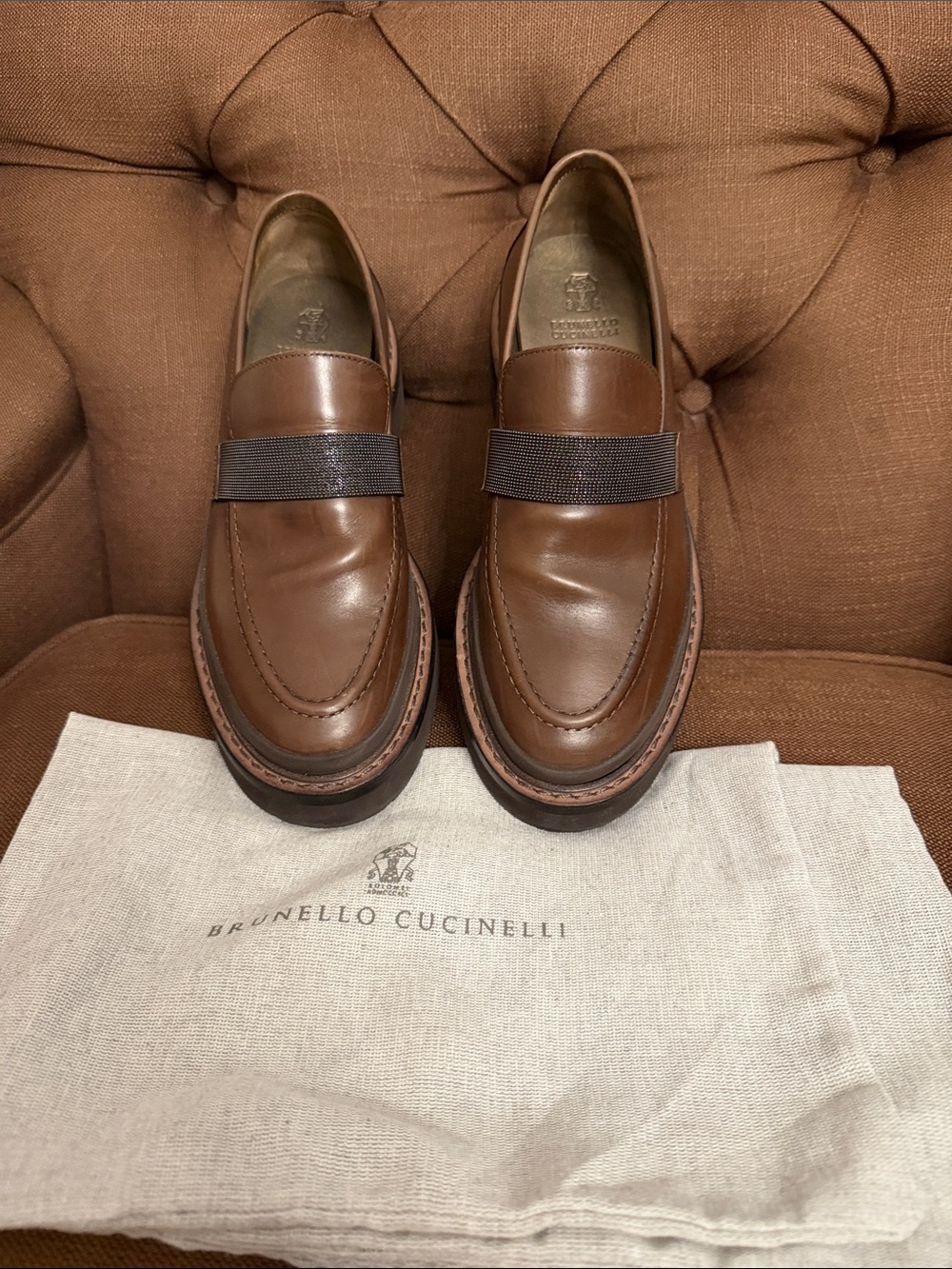 Brunello Cucinelli Brown Leather Penny Loafers with Monili size 38